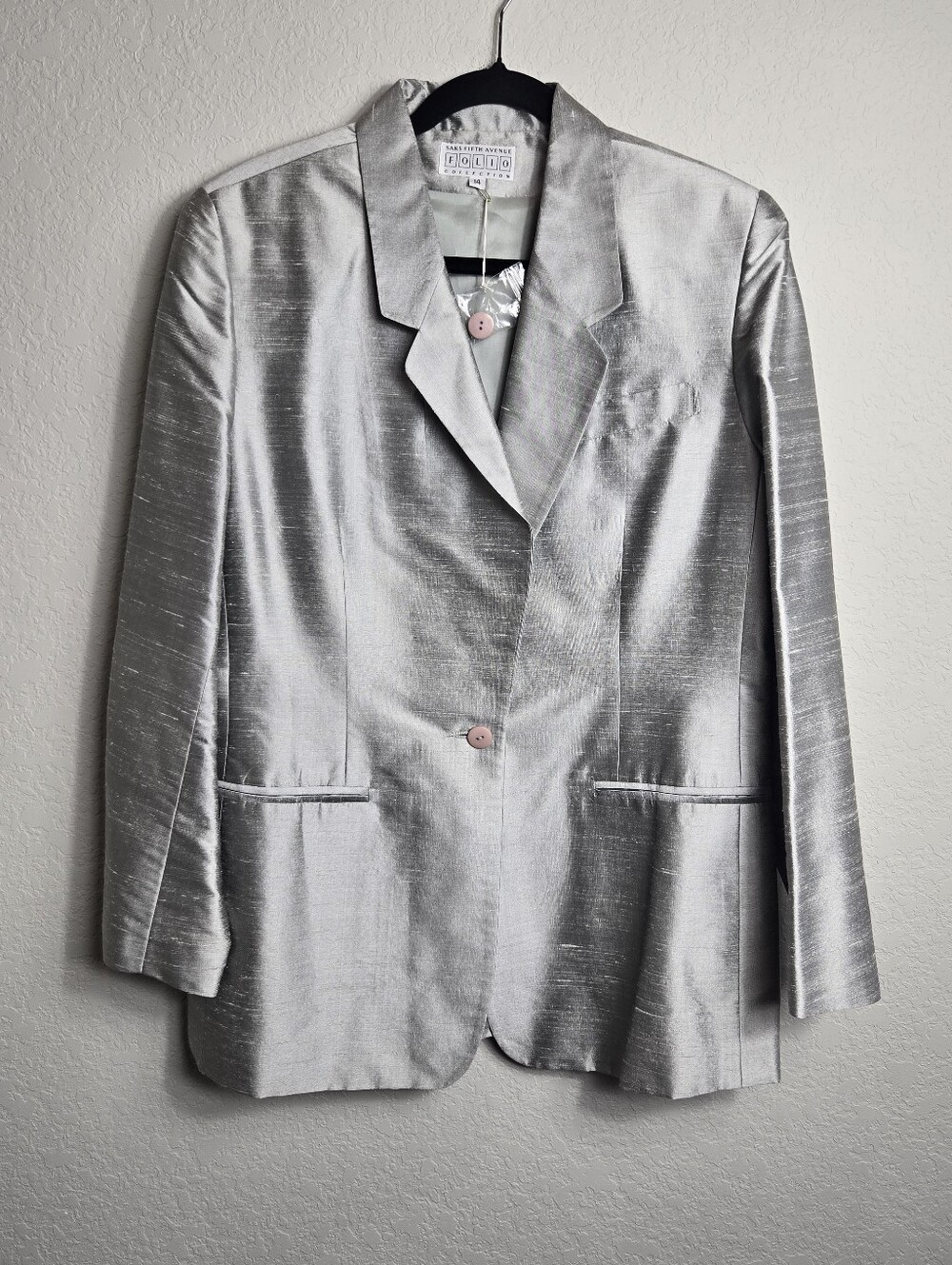 VTG Saks Fifth Avenue Folio 100% Raw Silk Silver Metallic Blazer Jacket Size 14